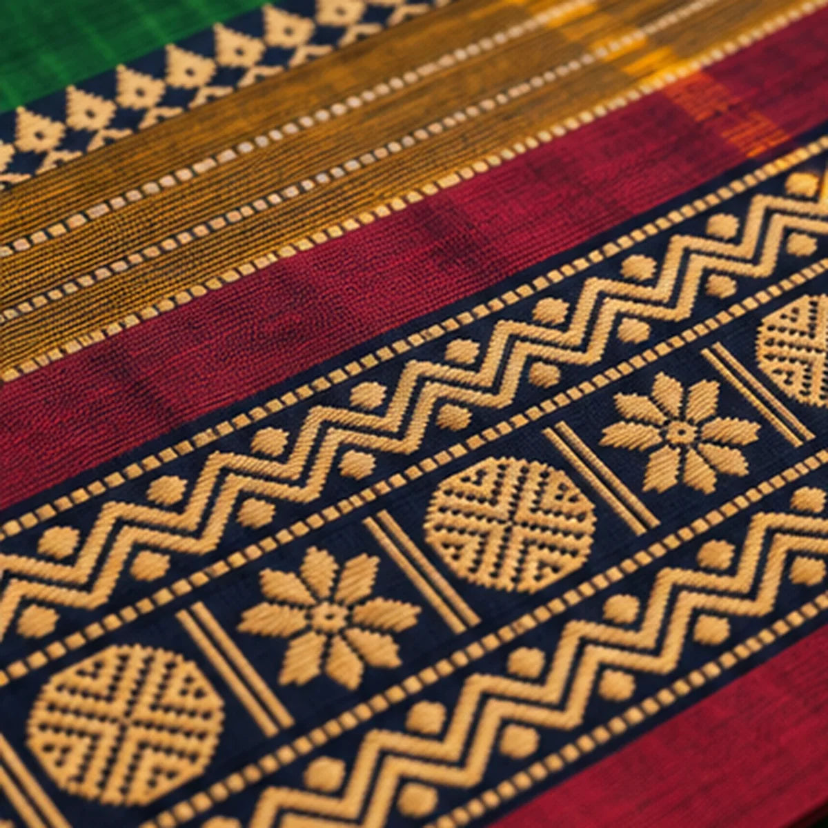 Devi Energised Cotton Saree – Emerald Green with Maroon & Gold Border