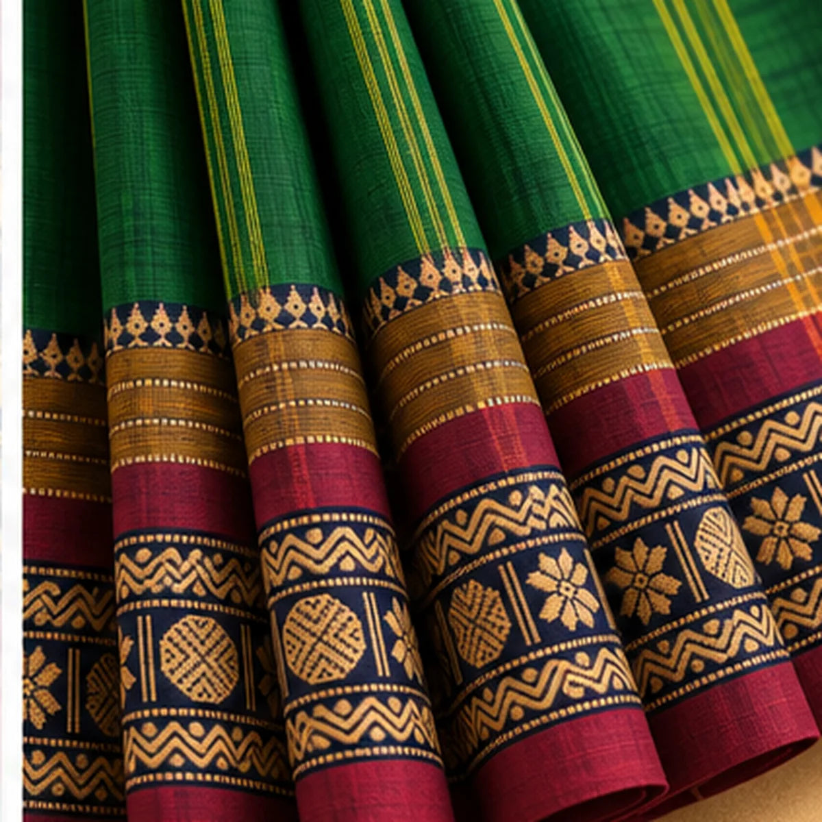Devi Energised Cotton Saree – Emerald Green with Maroon & Gold Border