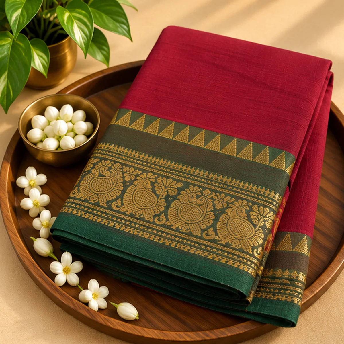 Devi Energised Cotton Saree – Maroon with Green and Gold Peacock Border