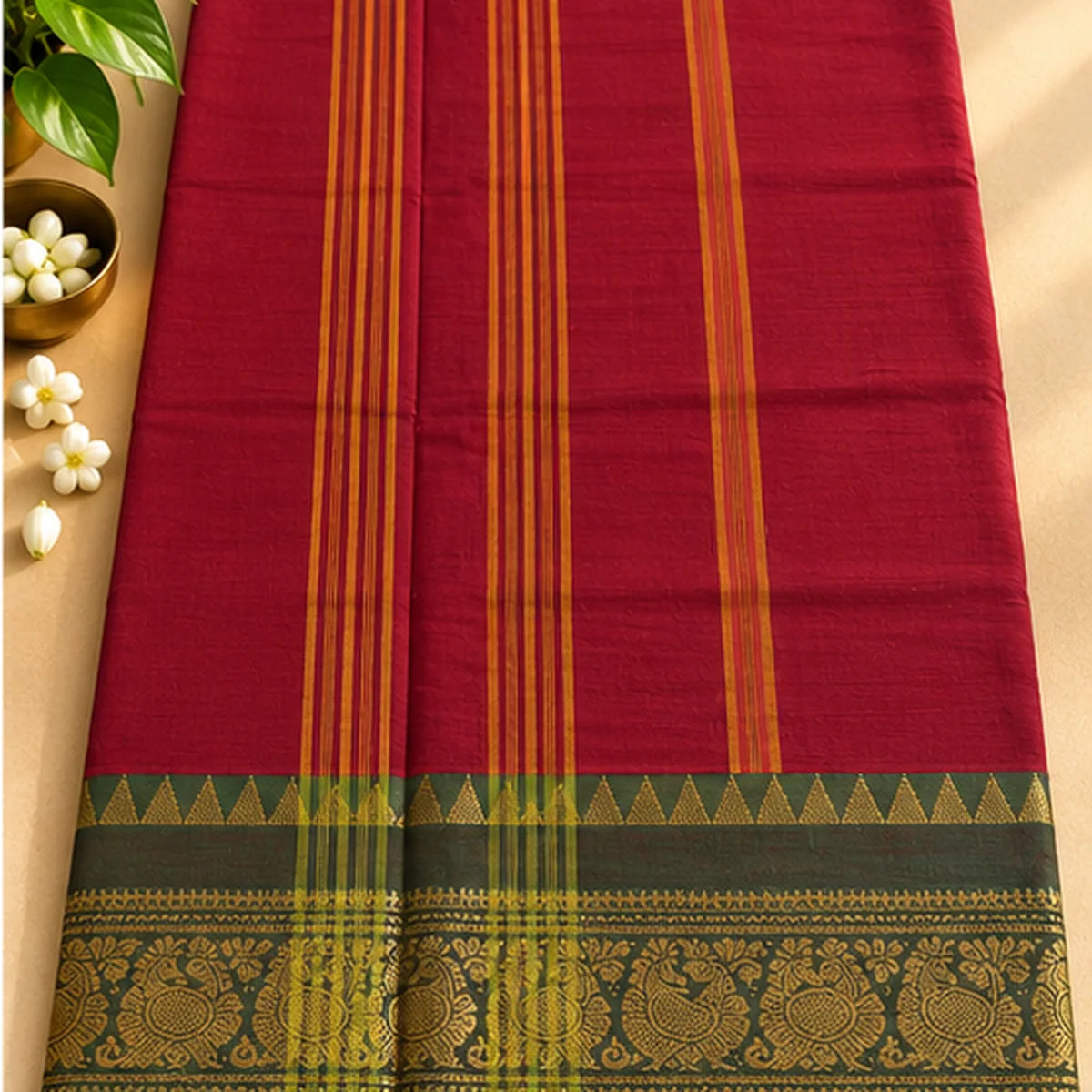 Devi Energised Cotton Saree – Maroon with Green and Gold Peacock Border