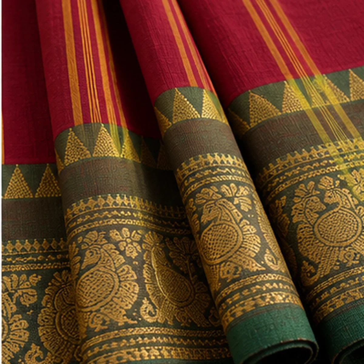 Devi Energised Cotton Saree – Maroon with Green and Gold Peacock Border