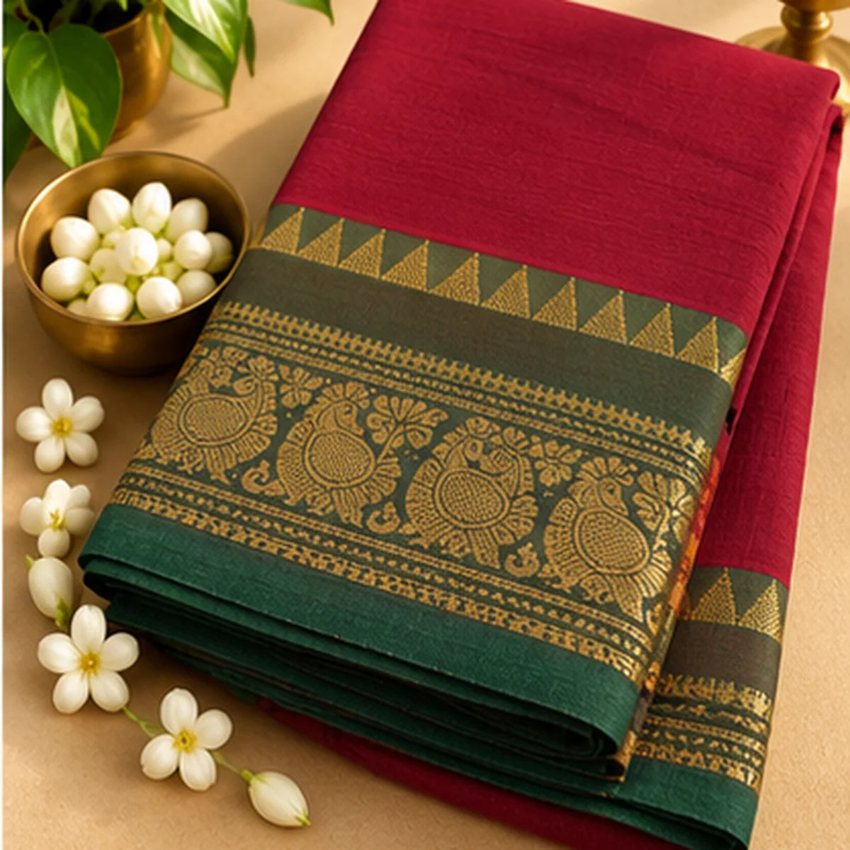 Devi Energised Cotton Saree – Maroon with Green and Gold Peacock Border