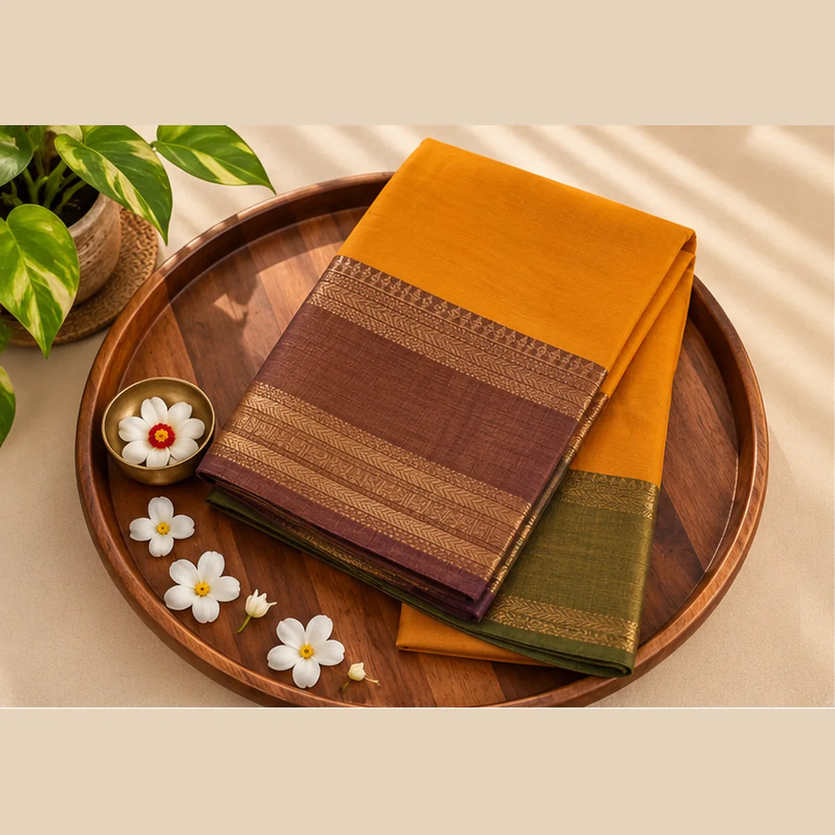Devi Energised Cotton Saree – Mustard Orange with Olive Green & Gold Border