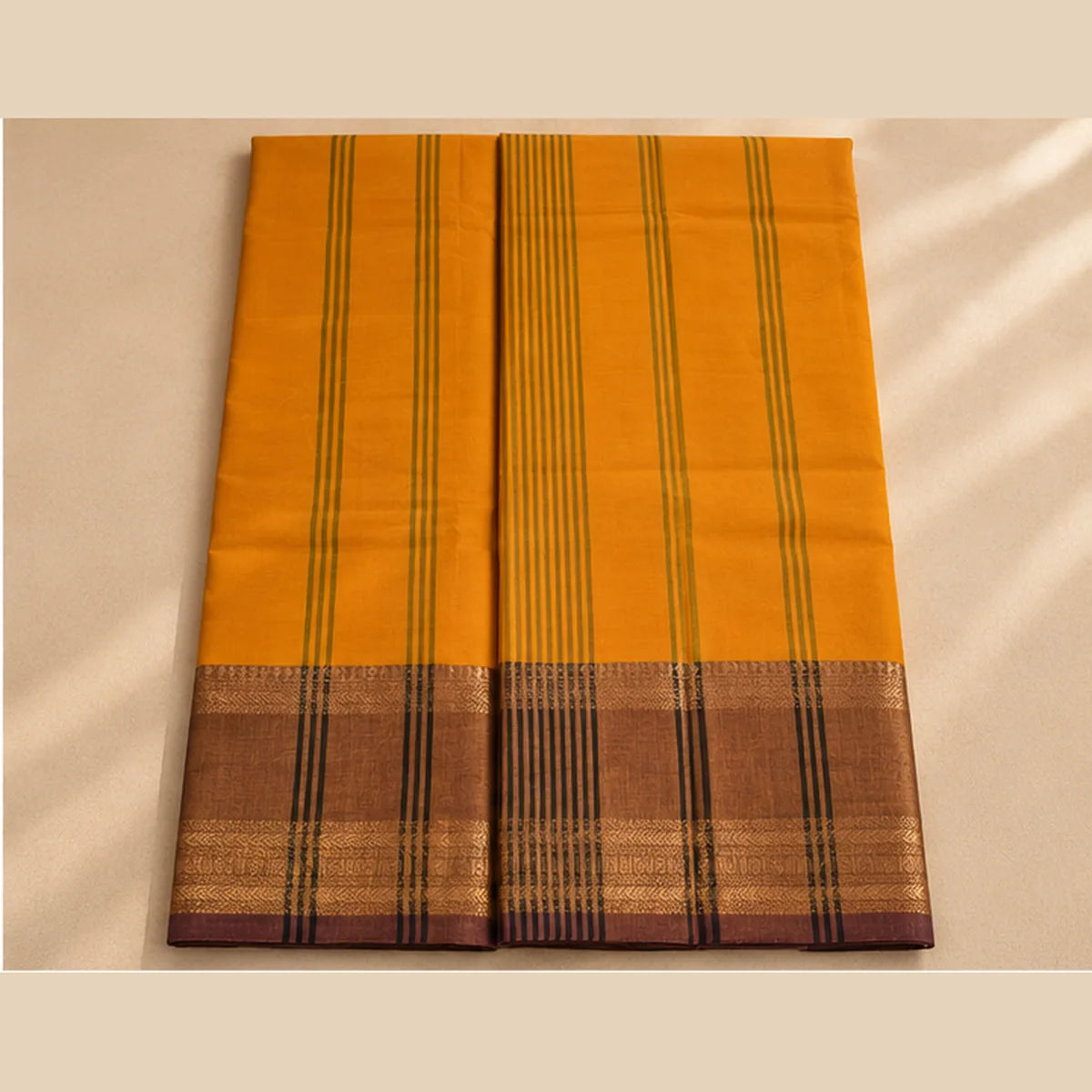 Devi Energised Cotton Saree – Mustard Orange with Olive Green & Gold Border