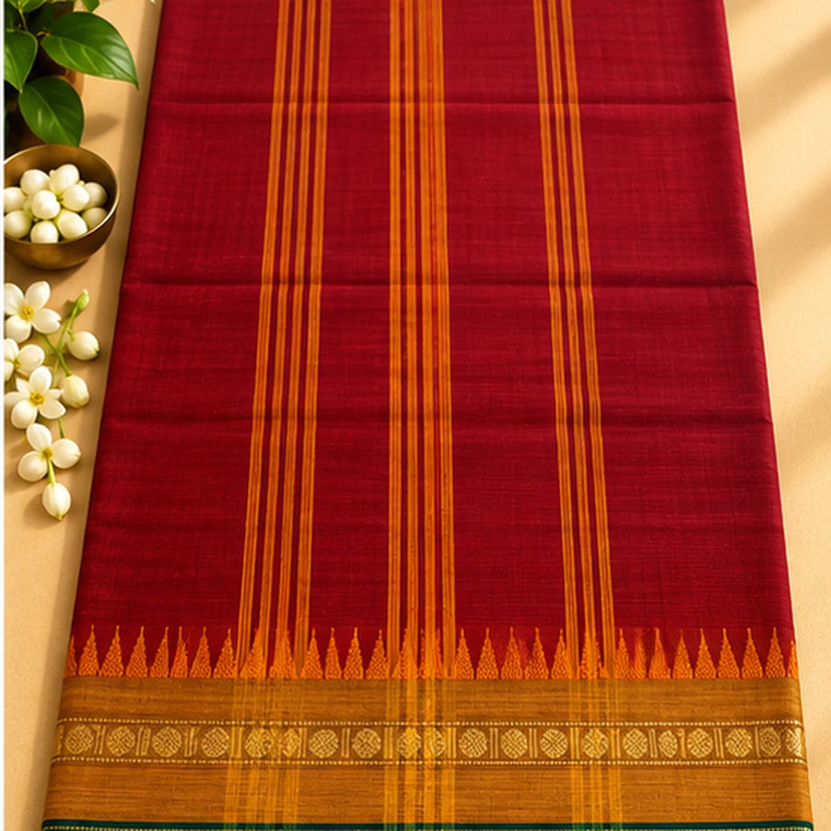 Devi Energised Cotton Saree – Deep Red with Emerald Green and Mustard Gold Border