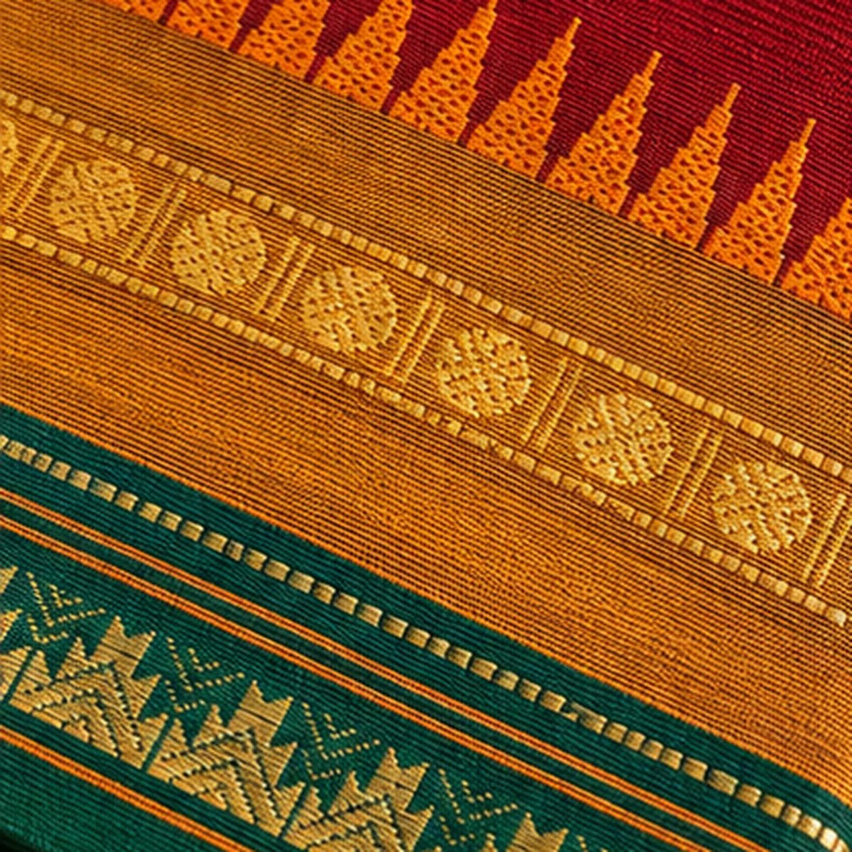 Devi Energised Cotton Saree – Deep Red with Emerald Green and Mustard Gold Border