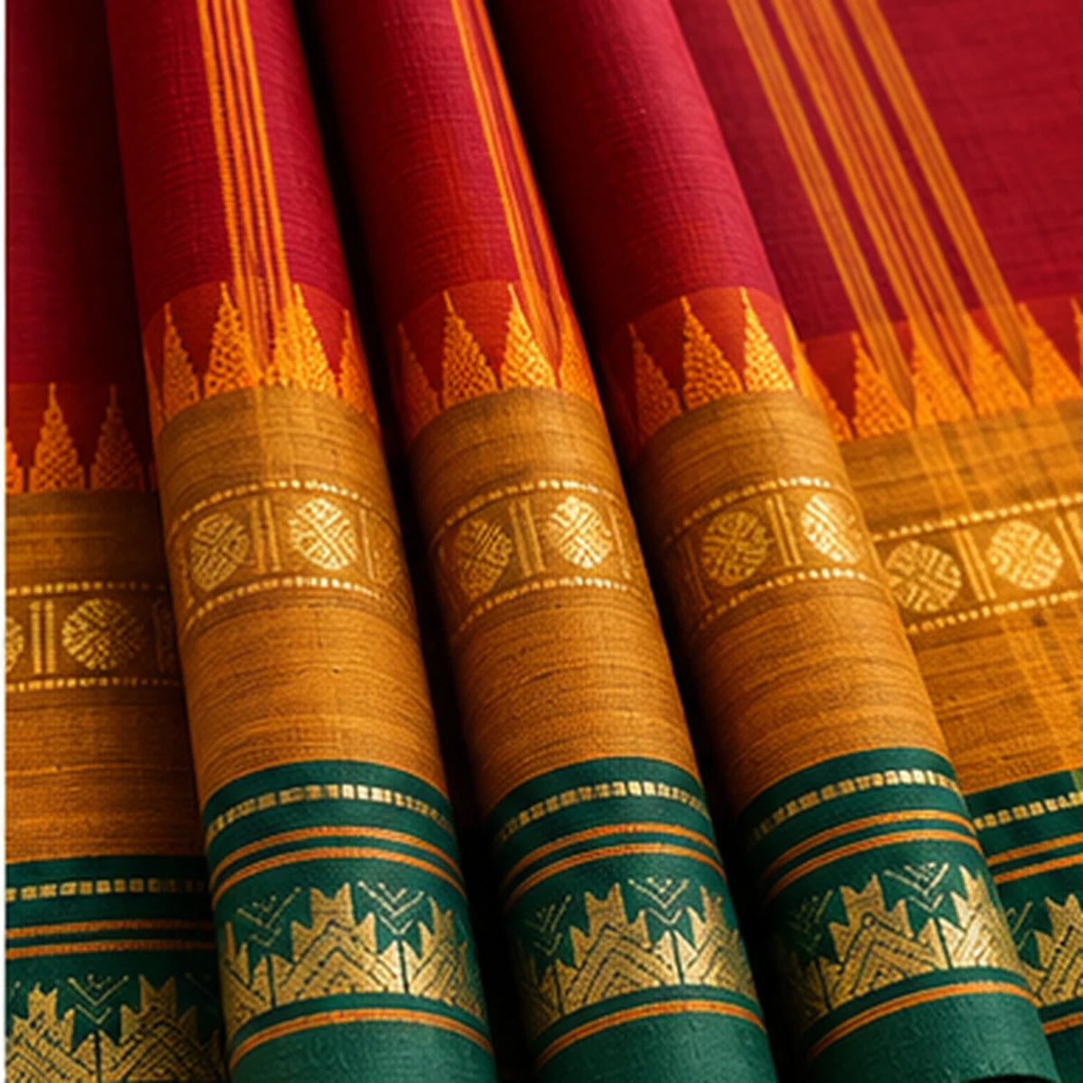 Devi Energised Cotton Saree – Deep Red with Emerald Green and Mustard Gold Border