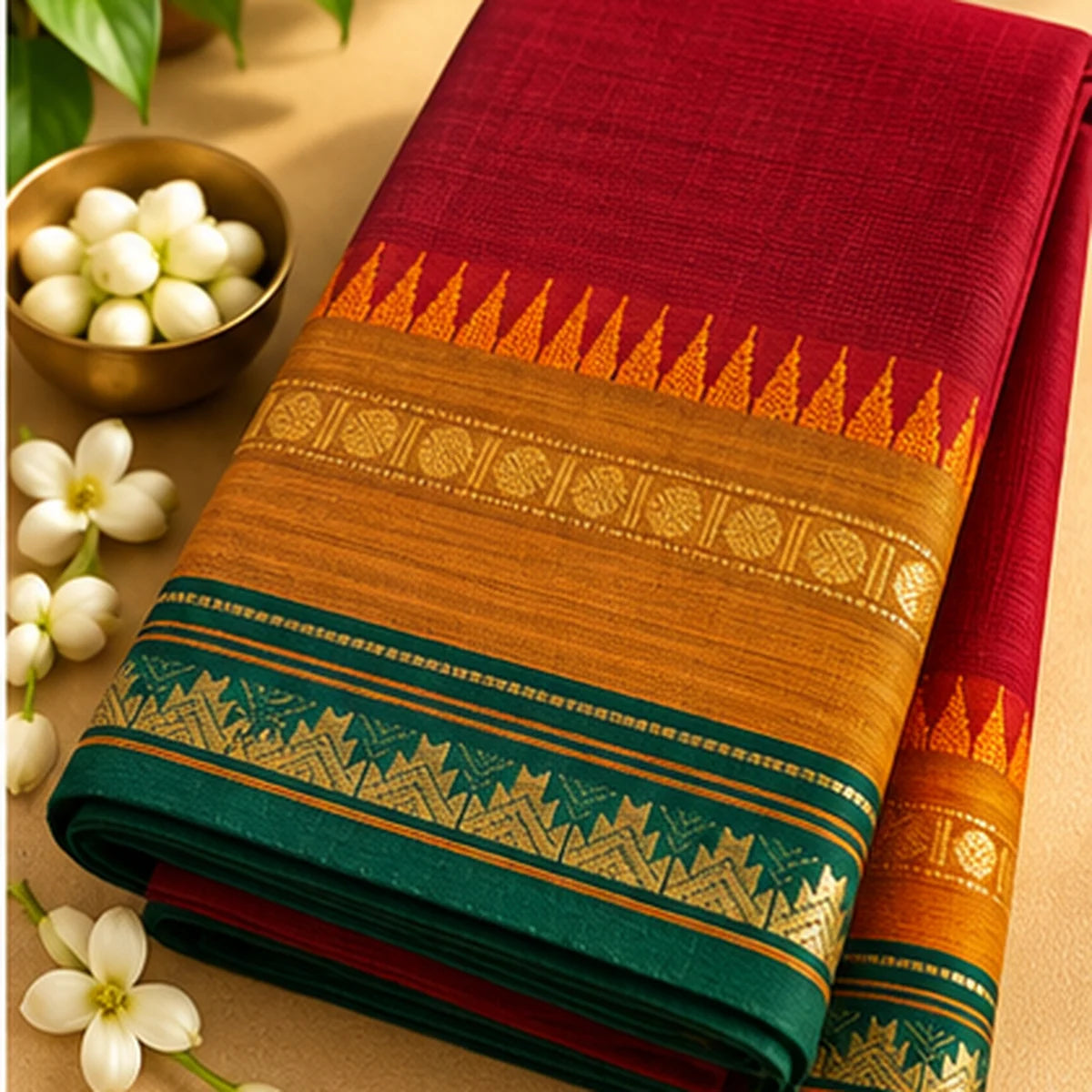 Devi Energised Cotton Saree – Deep Red with Emerald Green and Mustard Gold Border