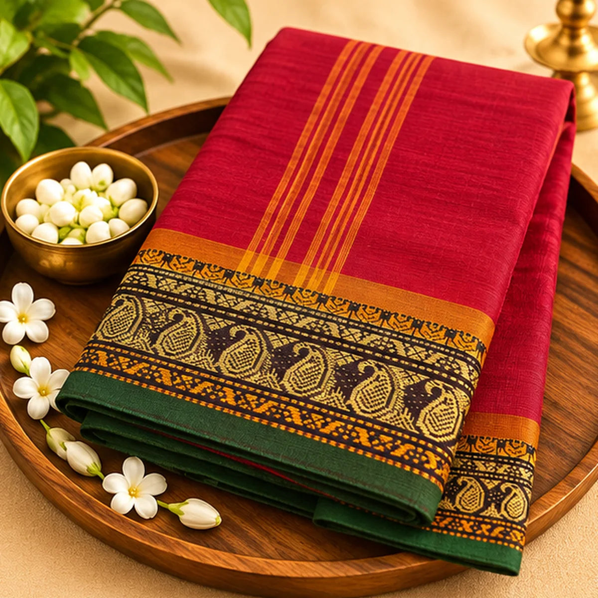 Devi Energised Cotton Saree – Deep Red with Green and Gold Paisley Border