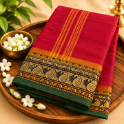 Devi Energised Cotton Saree – Deep Red with Green and Gold Paisley Border