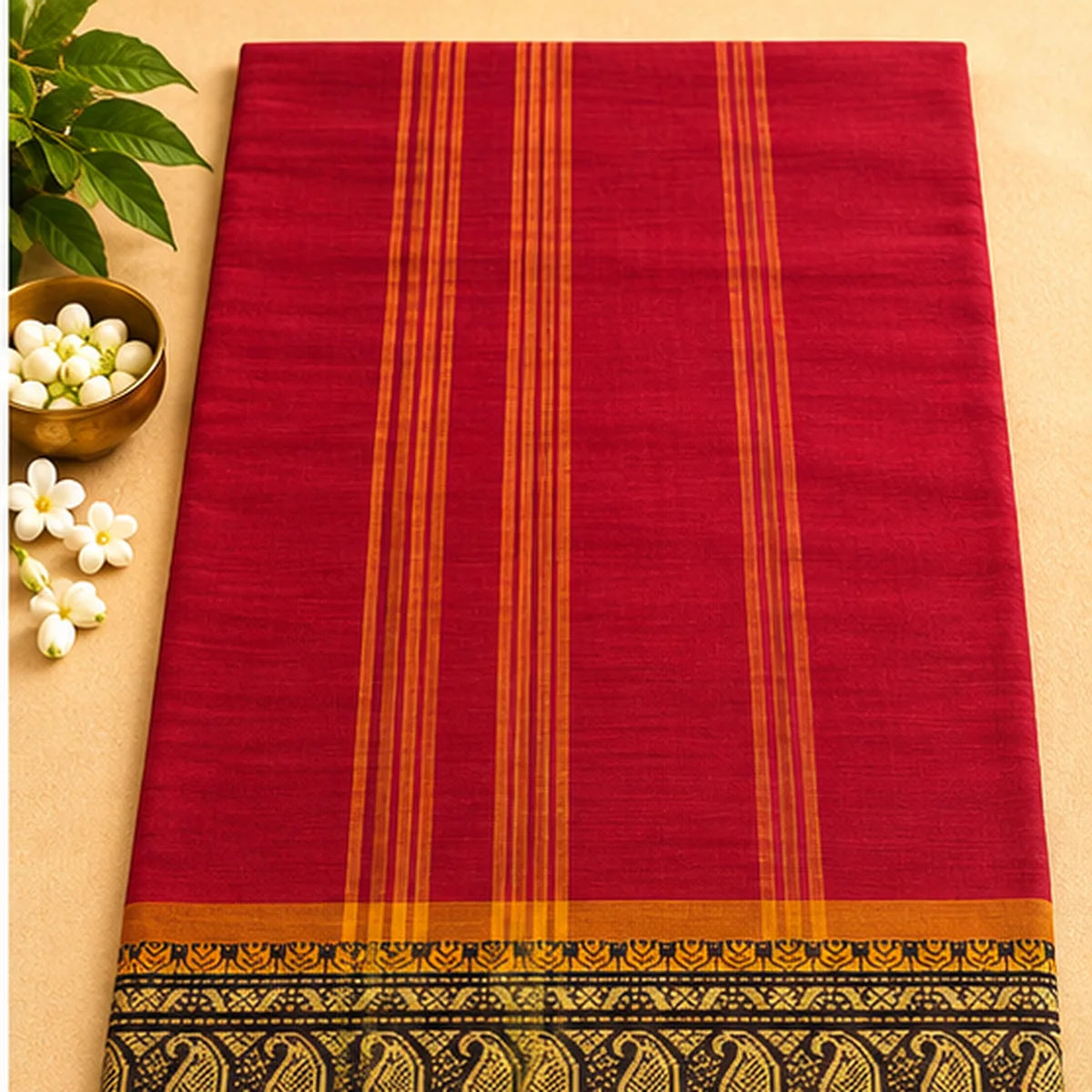 Devi Energised Cotton Saree – Deep Red with Green and Gold Paisley Border