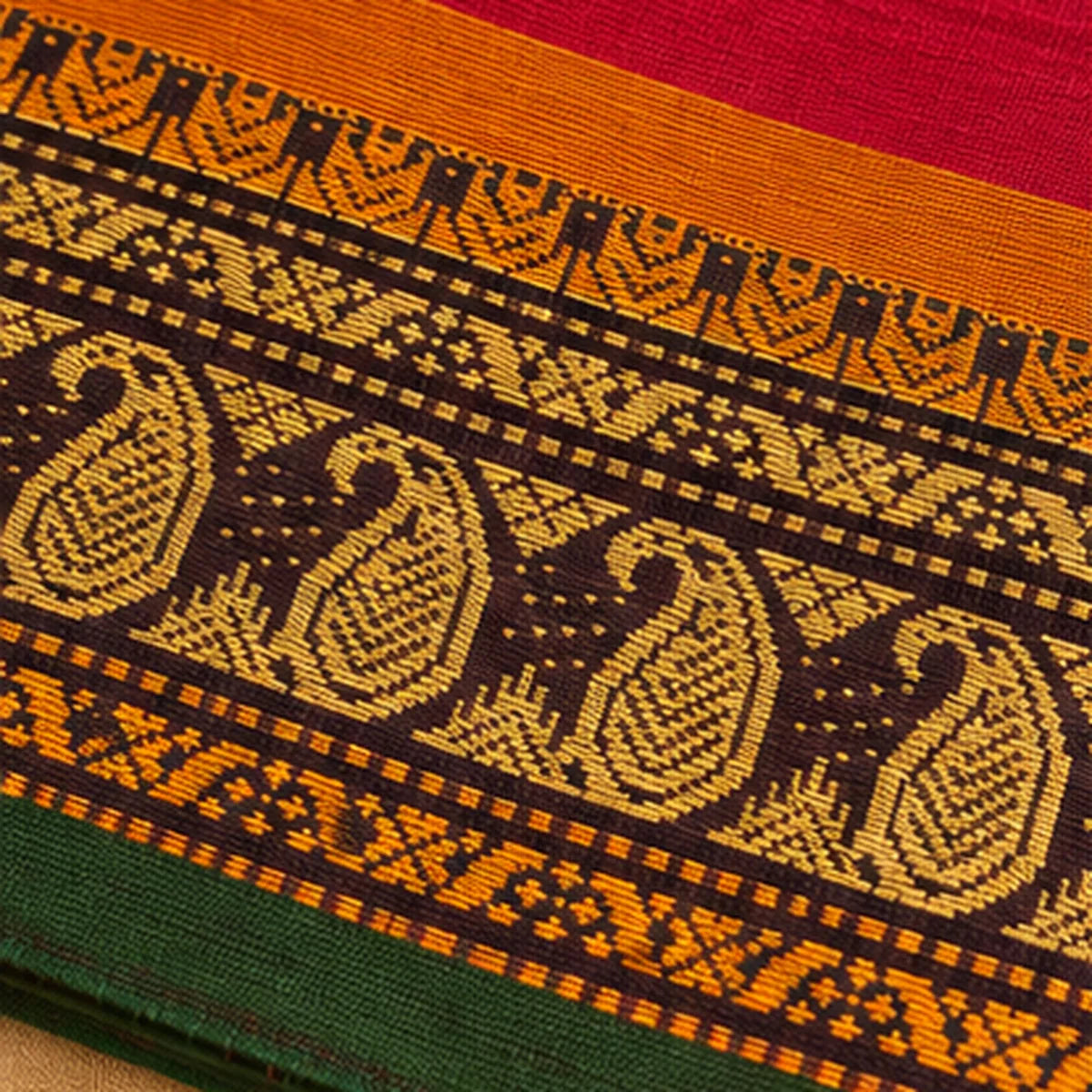 Devi Energised Cotton Saree – Deep Red with Green and Gold Paisley Border