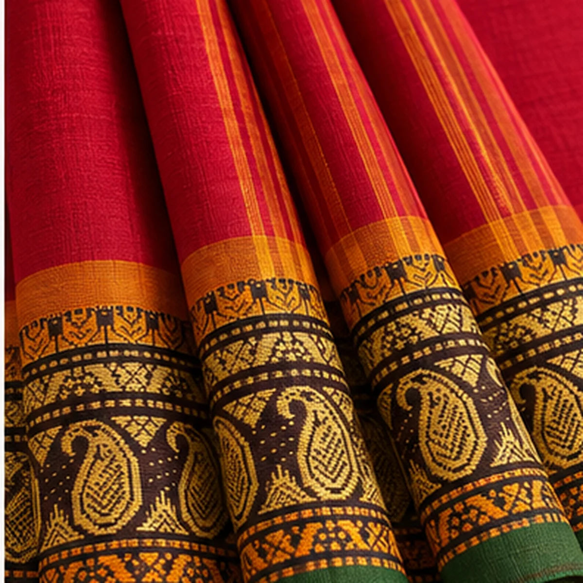 Devi Energised Cotton Saree – Deep Red with Green and Gold Paisley Border