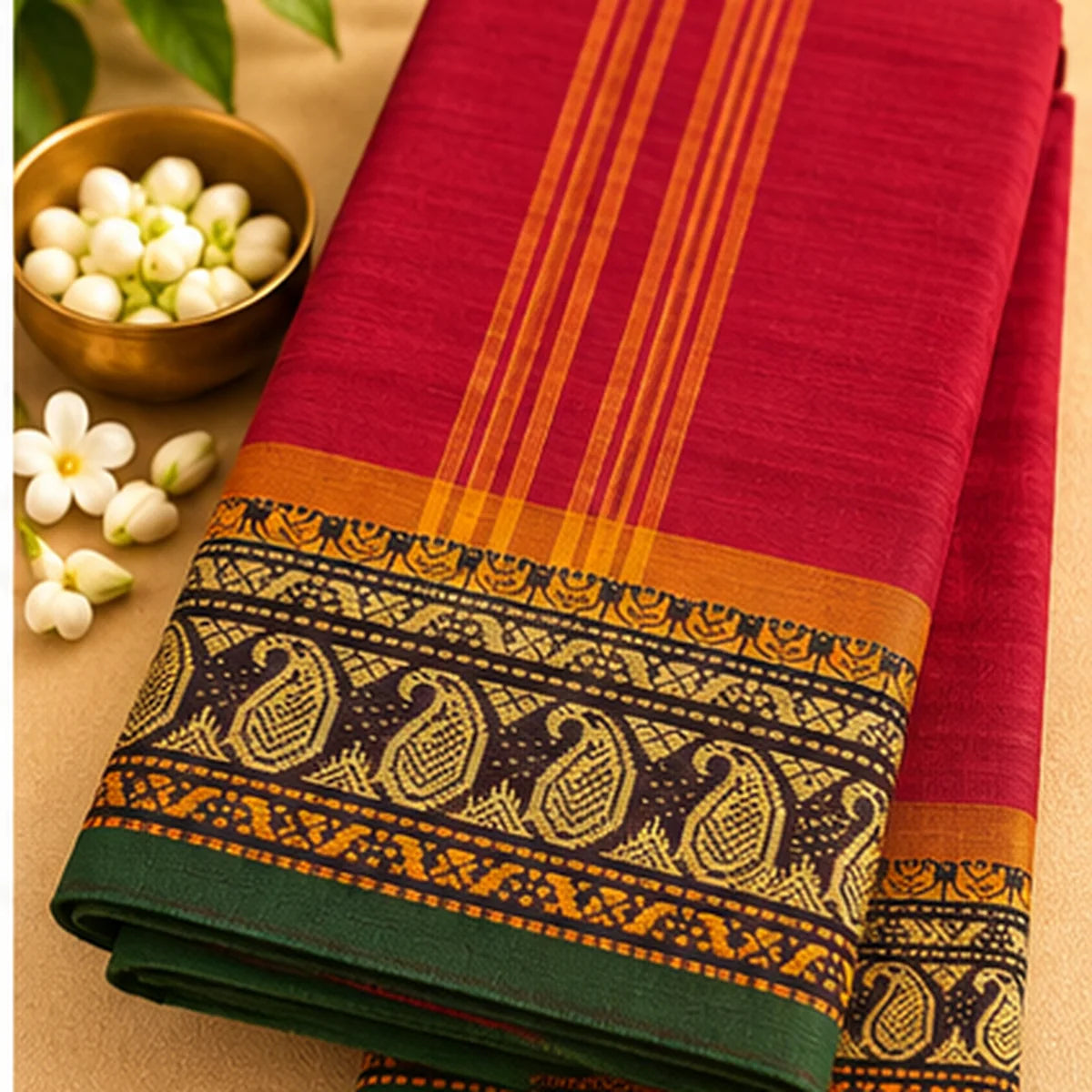 Devi Energised Cotton Saree – Deep Red with Green and Gold Paisley Border