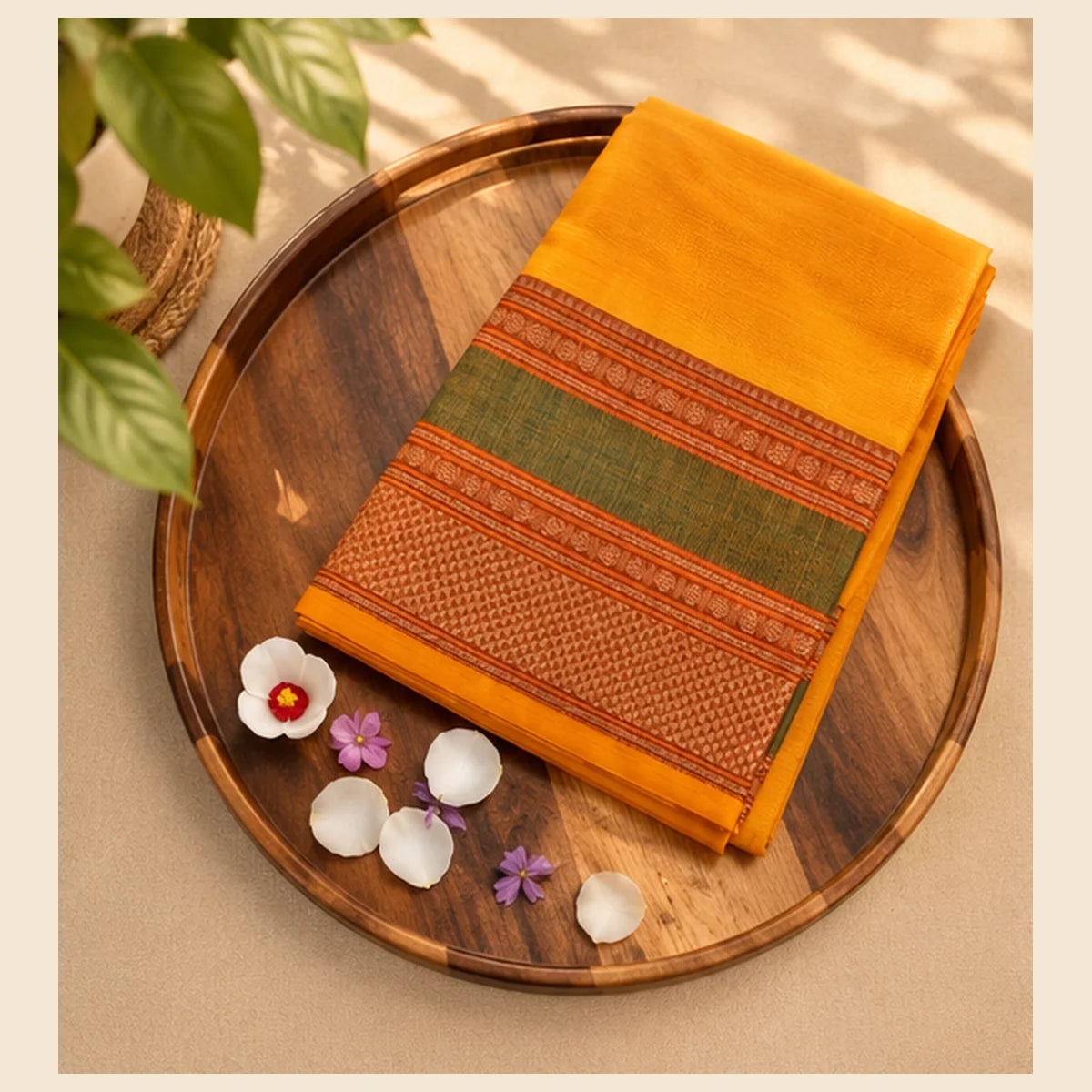 Devi Energised Cotton Saree – Saffron Orange with Olive Green & Rust Border