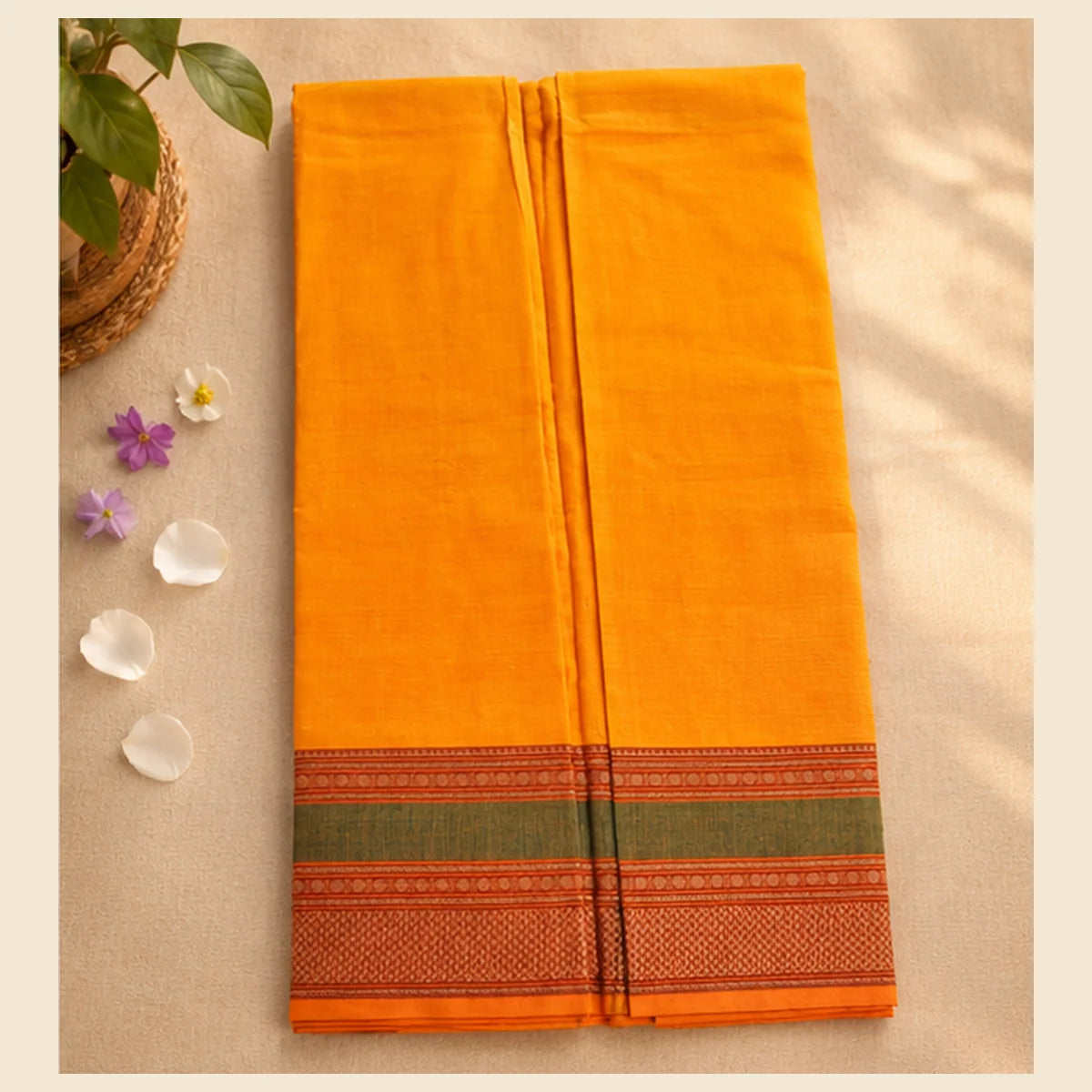 Devi Energised Cotton Saree – Saffron Orange with Olive Green & Rust Border