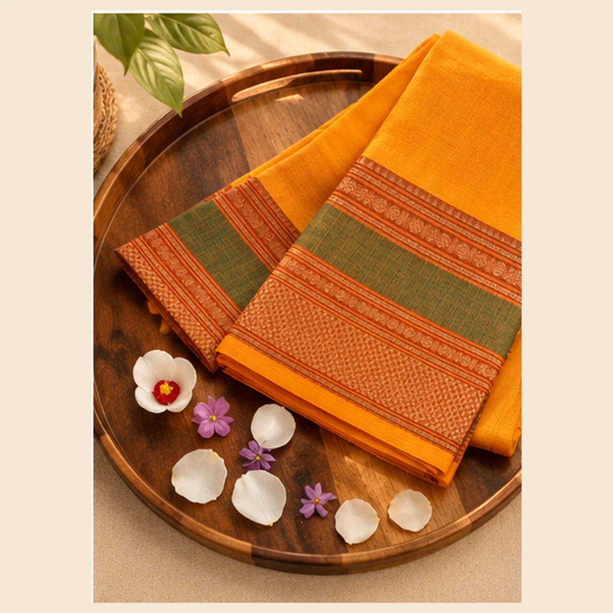 Devi Energised Cotton Saree – Saffron Orange with Olive Green & Rust Border