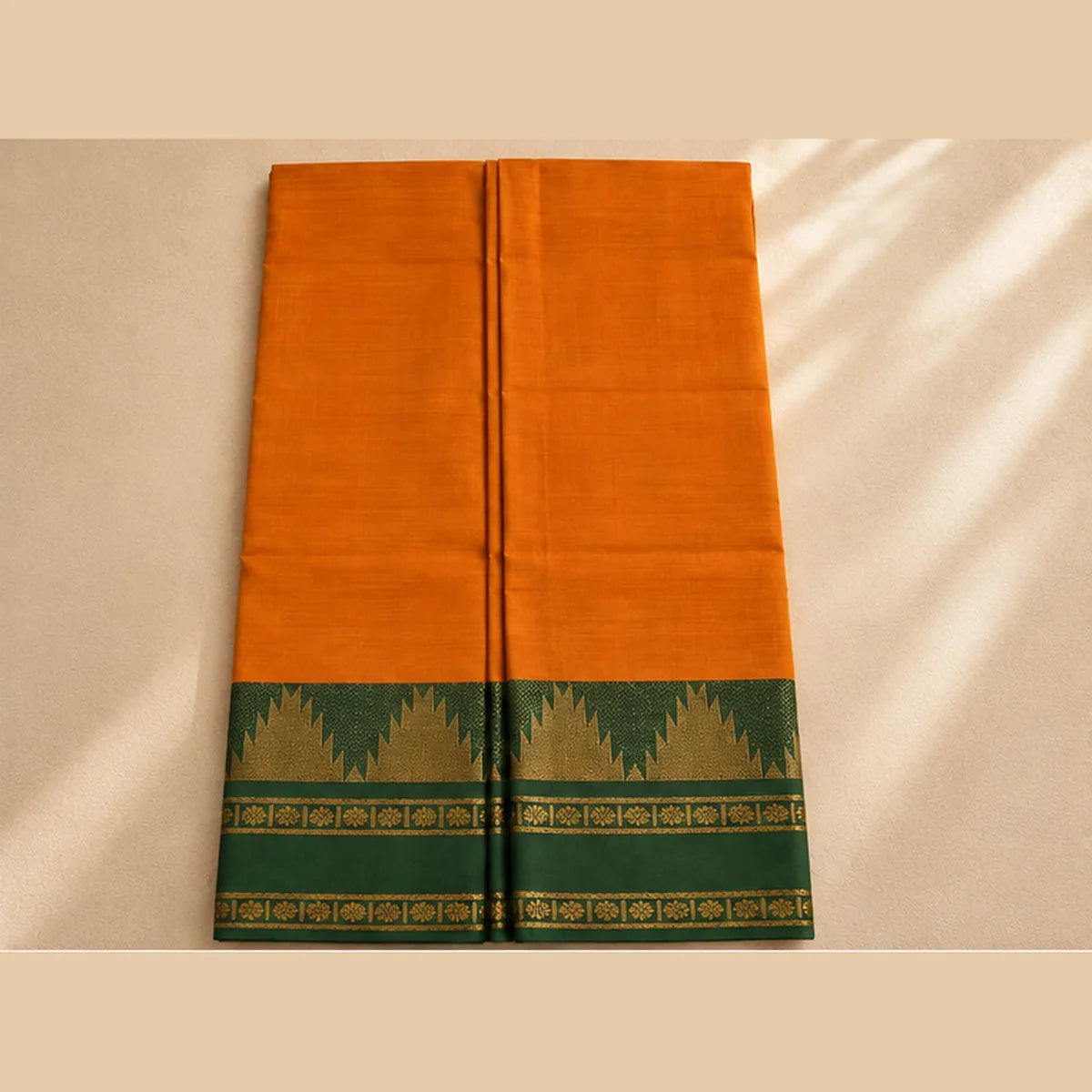 Devi Energised Cotton Saree – Burnt Orange with Emerald Green & Gold Border