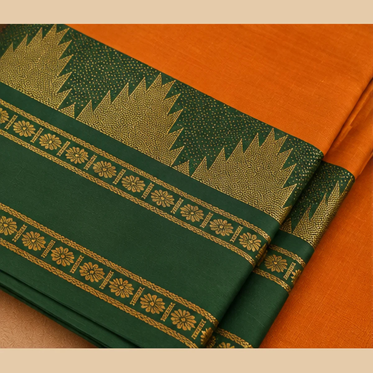 Devi Energised Cotton Saree – Burnt Orange with Emerald Green & Gold Border