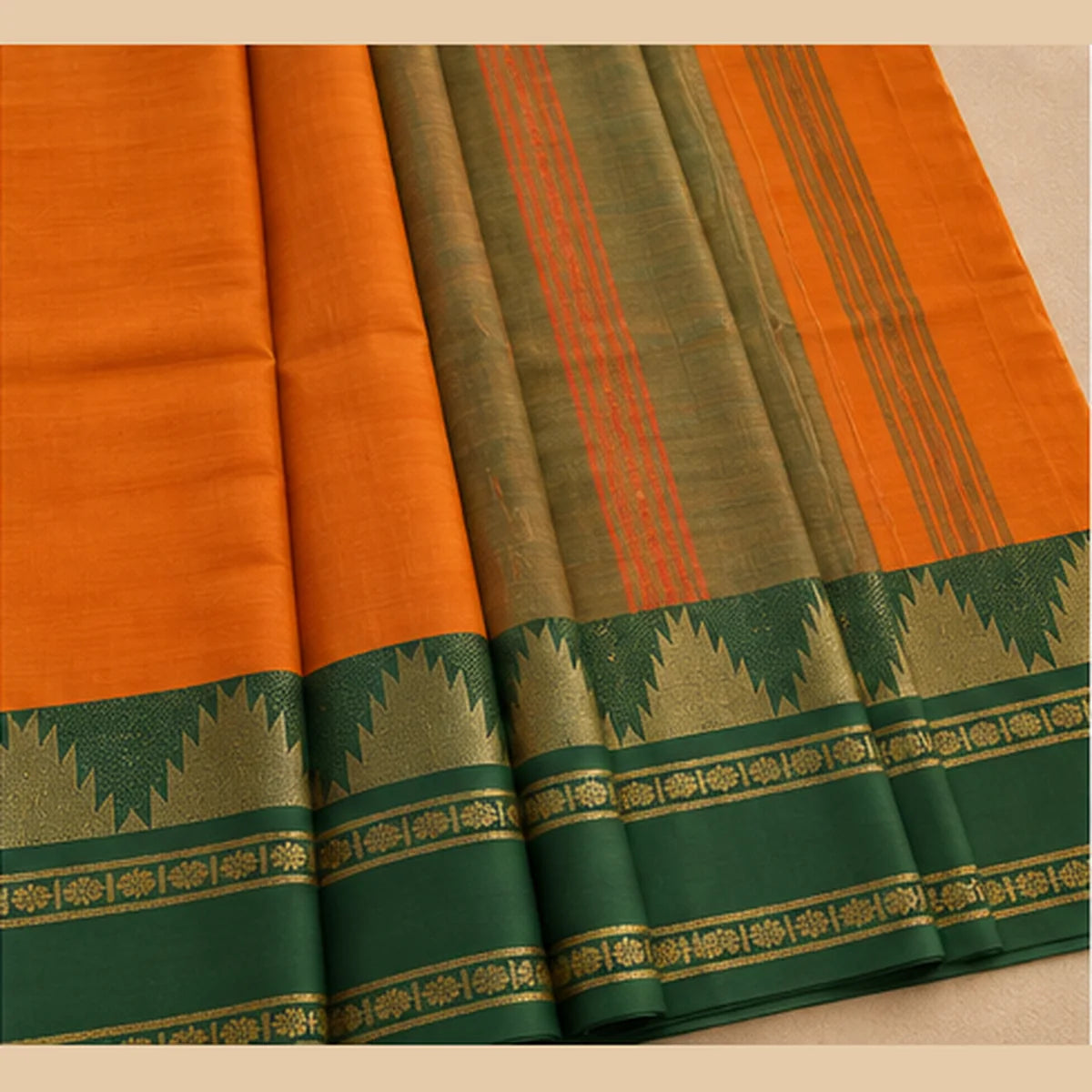 Devi Energised Cotton Saree – Burnt Orange with Emerald Green & Gold Border