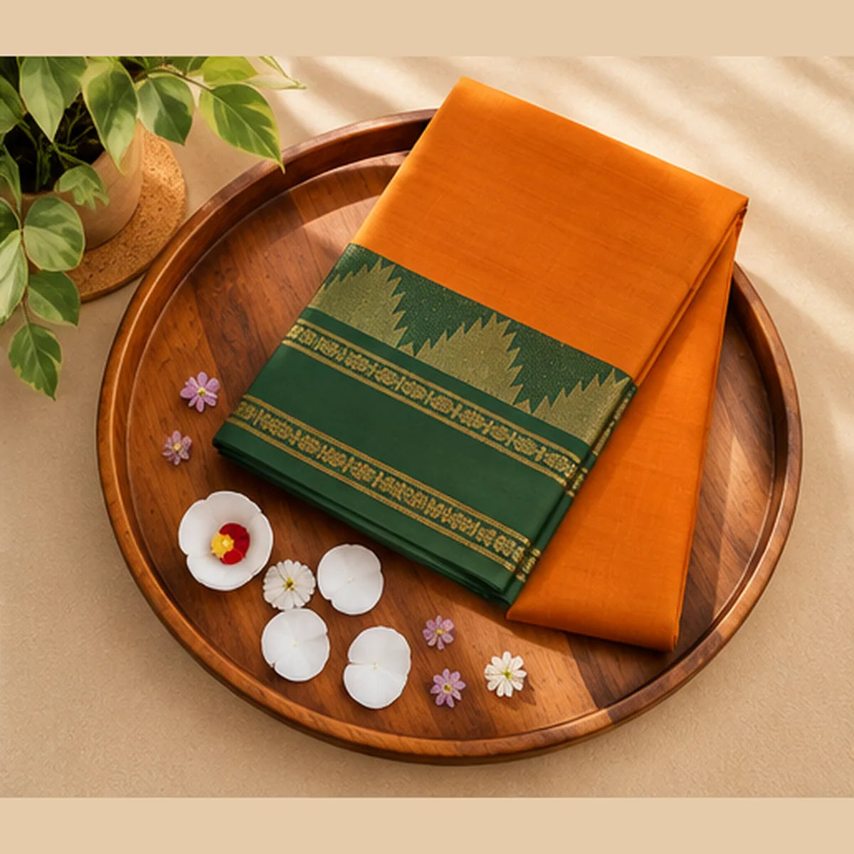 Devi Energised Cotton Saree – Burnt Orange with Emerald Green & Gold Border