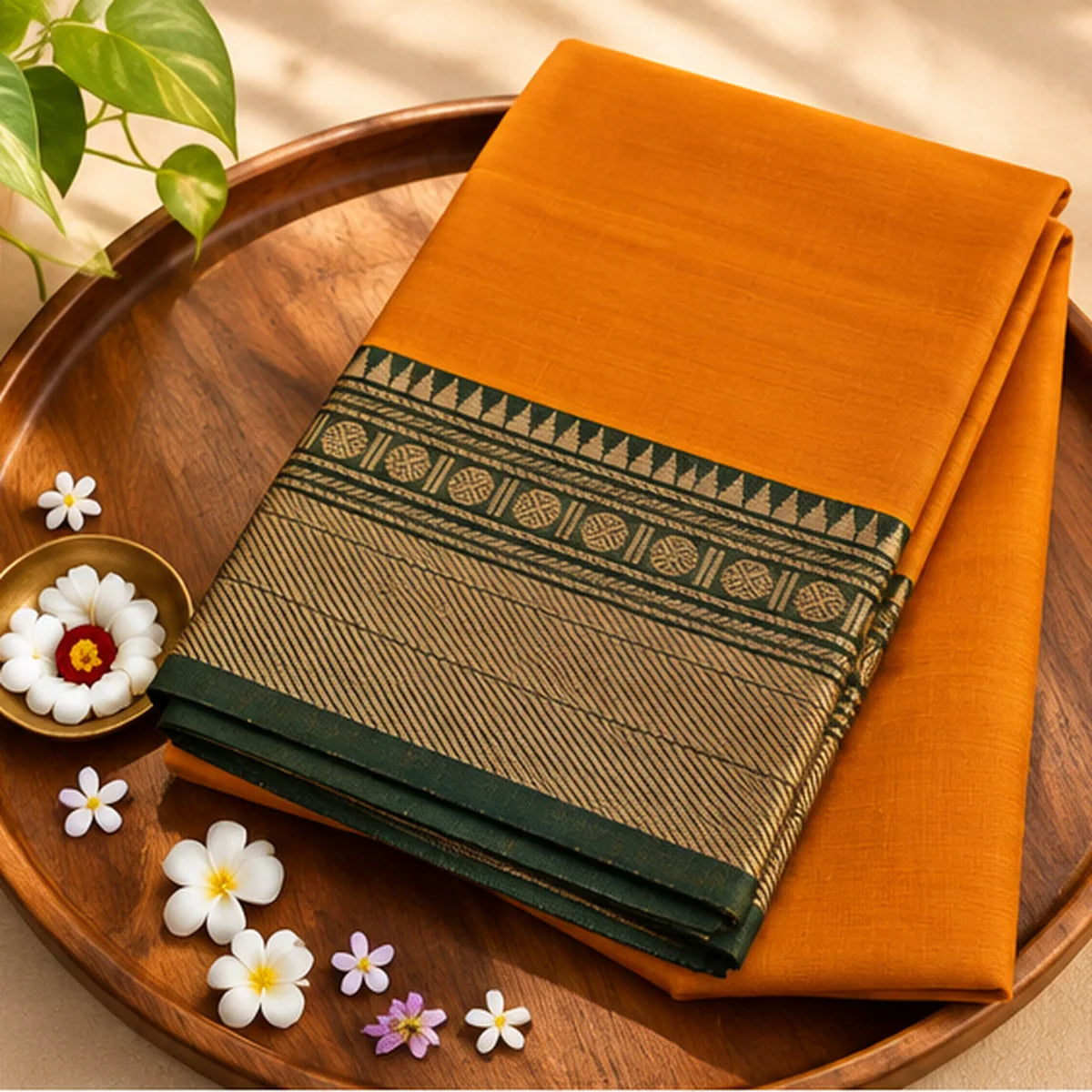 Devi Energised Cotton Saree – Mustard Orange with Green & Gold Border