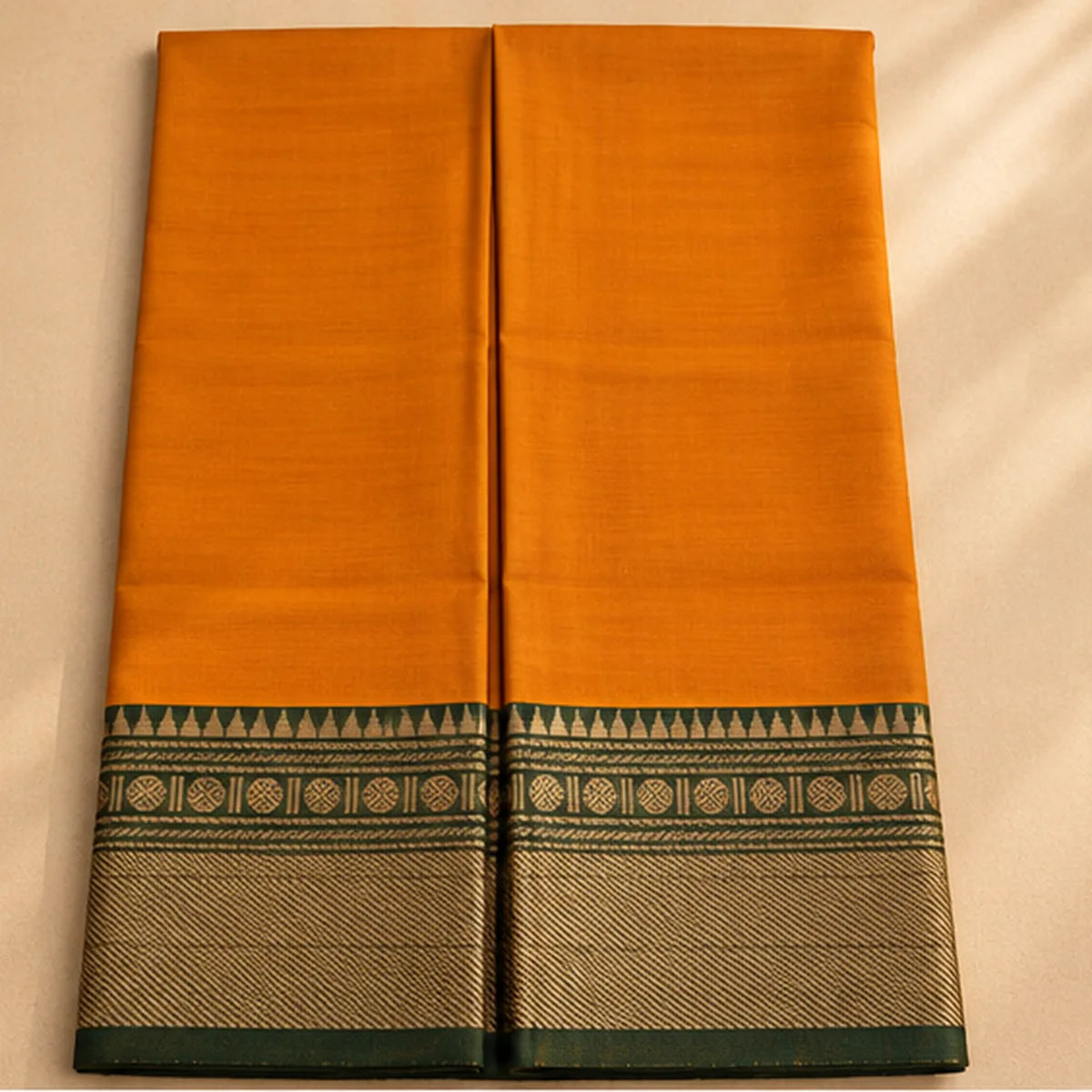 Devi Energised Cotton Saree – Mustard Orange with Green & Gold Border