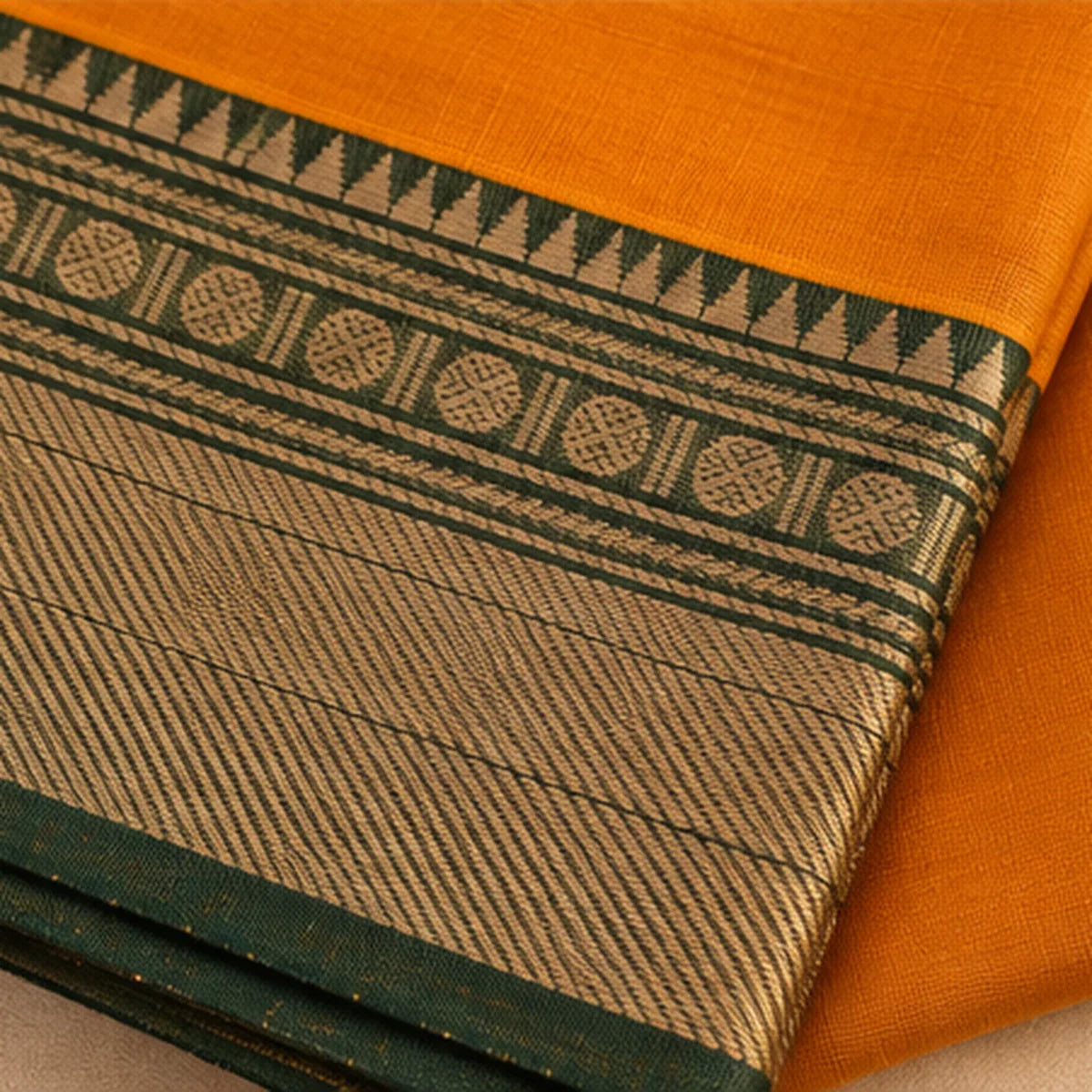 Devi Energised Cotton Saree – Mustard Orange with Green & Gold Border