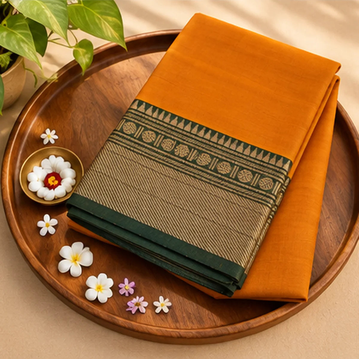Devi Energised Cotton Saree – Mustard Orange with Green & Gold Border