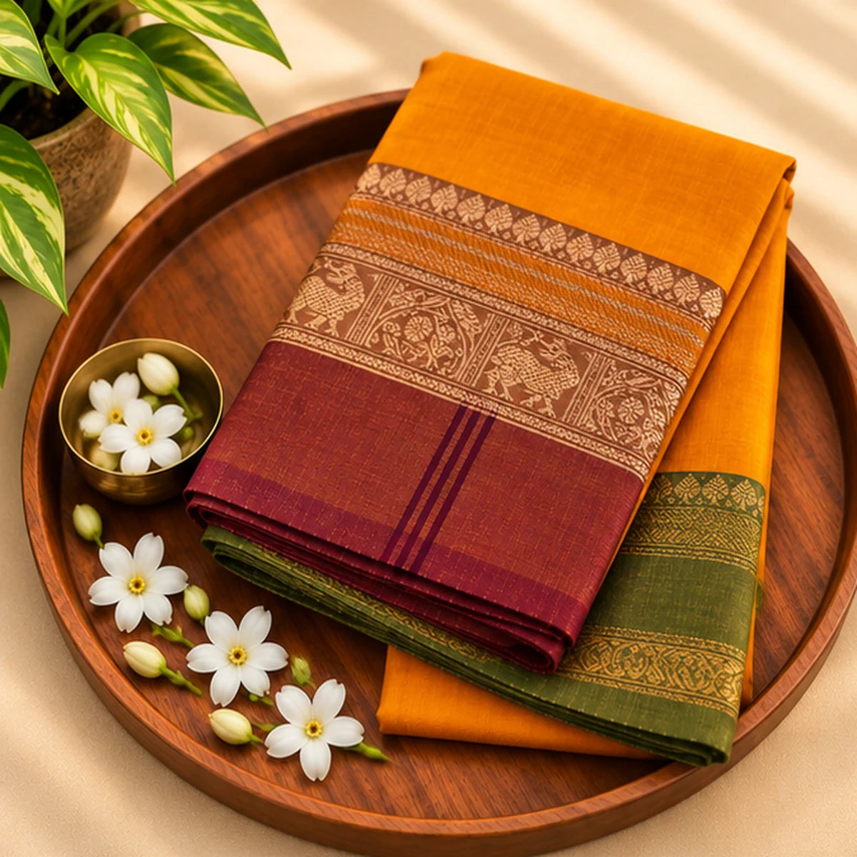 Devi Mustard Orange Saree with Maroon & Olive Green Zari Border