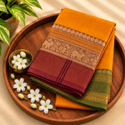 Devi Mustard Orange Saree with Maroon & Olive Green Zari Border