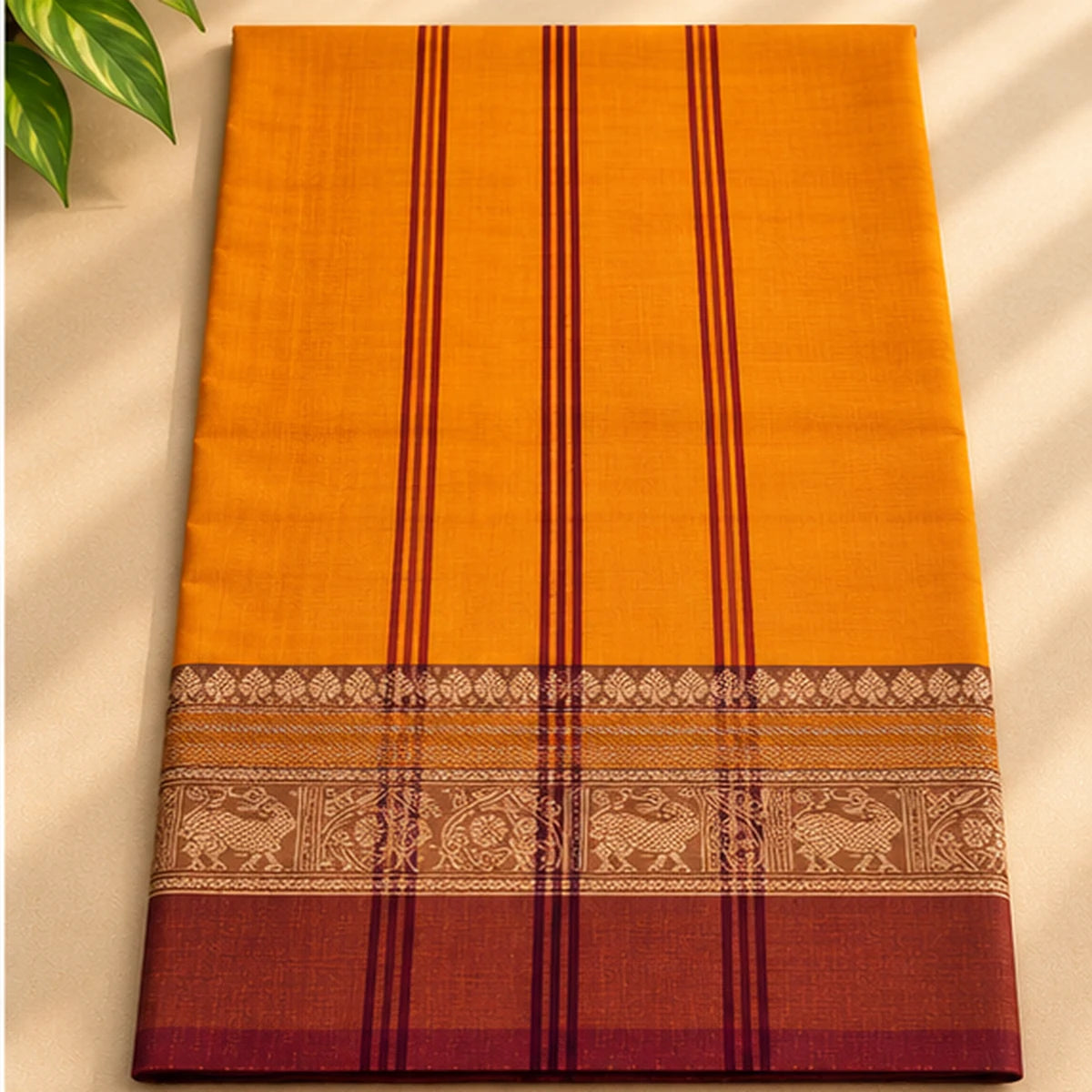 Devi Mustard Orange Saree with Maroon & Olive Green Zari Border