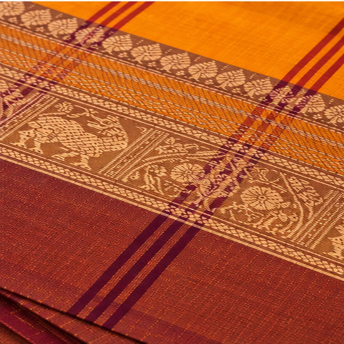 Devi Mustard Orange Saree with Maroon & Olive Green Zari Border