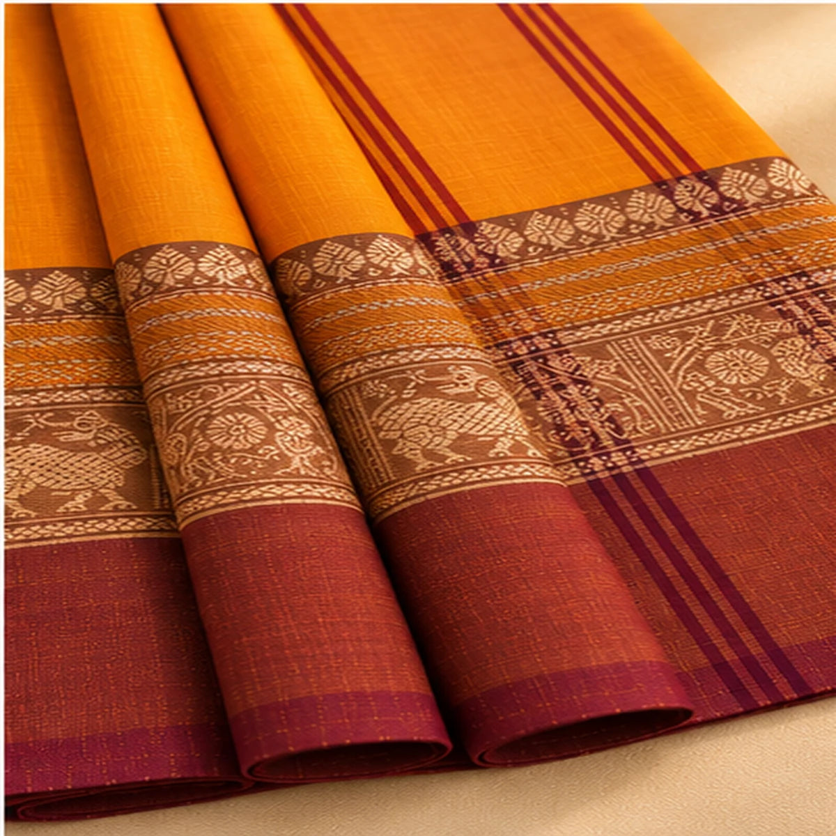 Devi Mustard Orange Saree with Maroon & Olive Green Zari Border