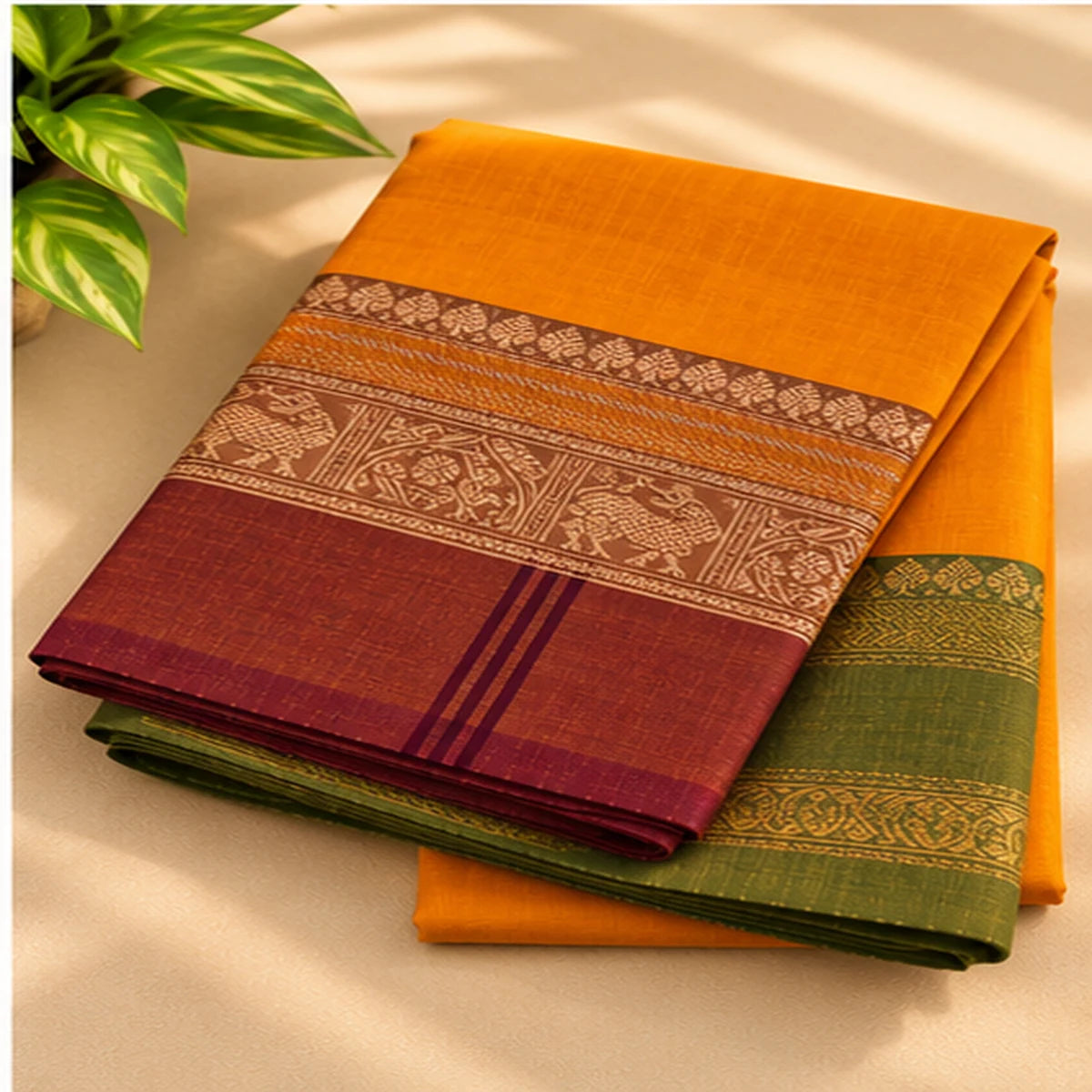 Devi Mustard Orange Saree with Maroon & Olive Green Zari Border