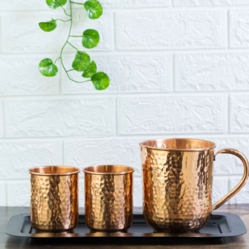 Hammered Copper Water Jug and Glass Set with Steel Tray
