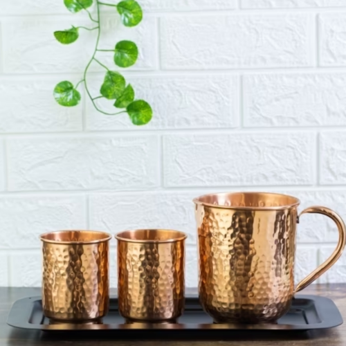 Hammered Copper Water Jug and Glass Set with Steel Tray (1 Jug + 2 Glass + 1 Tray)