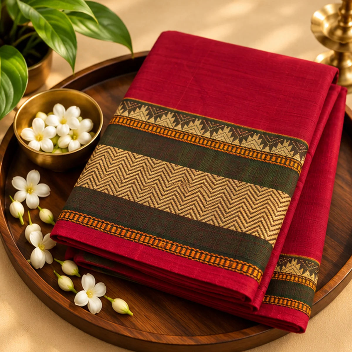 Devi Energised Saree – Deep Pink with Mustard Stripes & Traditional Chevron Woven Border