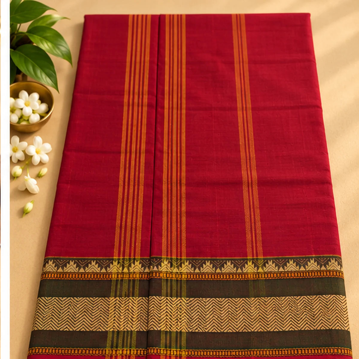 Devi Energised Saree – Deep Pink with Mustard Stripes & Traditional Chevron Woven Border