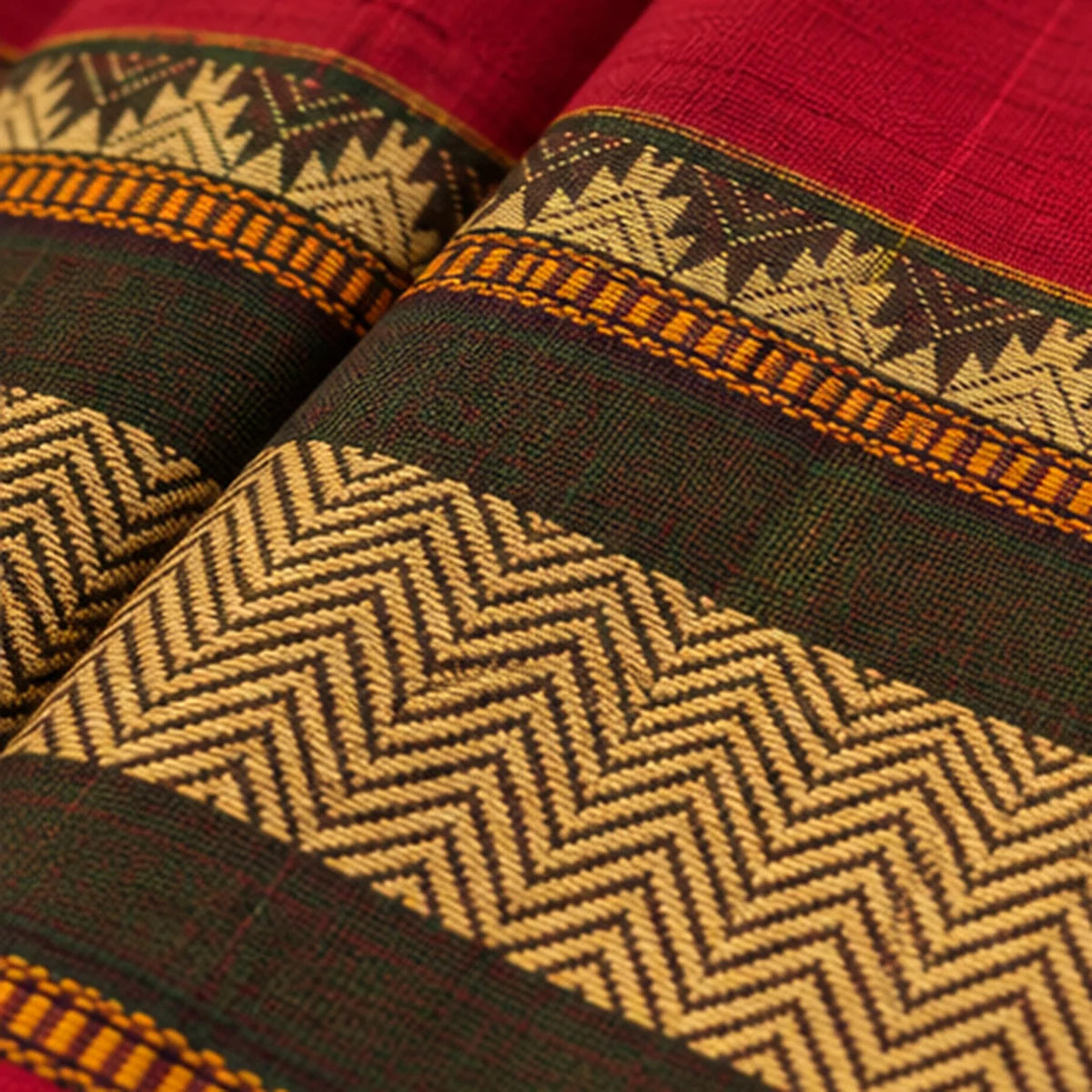 Devi Energised Saree – Deep Pink with Mustard Stripes & Traditional Chevron Woven Border