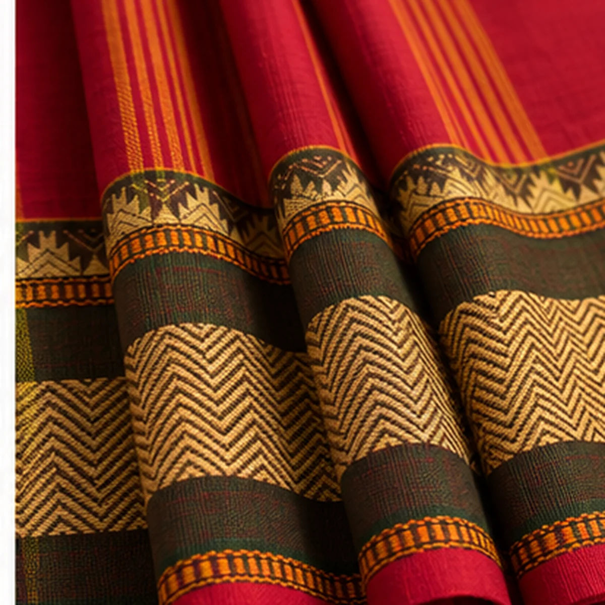 Devi Energised Saree – Deep Pink with Mustard Stripes & Traditional Chevron Woven Border