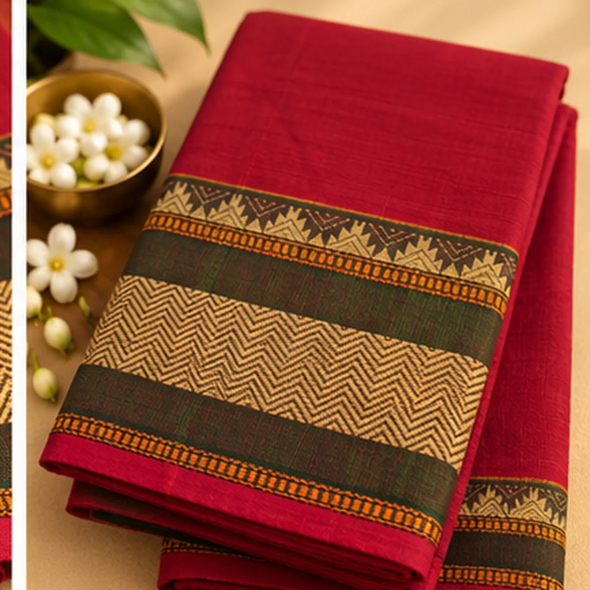 Devi Energised Saree – Deep Pink with Mustard Stripes & Traditional Chevron Woven Border