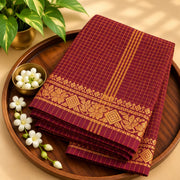 Maroon & Mustard Checked Saree with Traditional Gold Woven Border