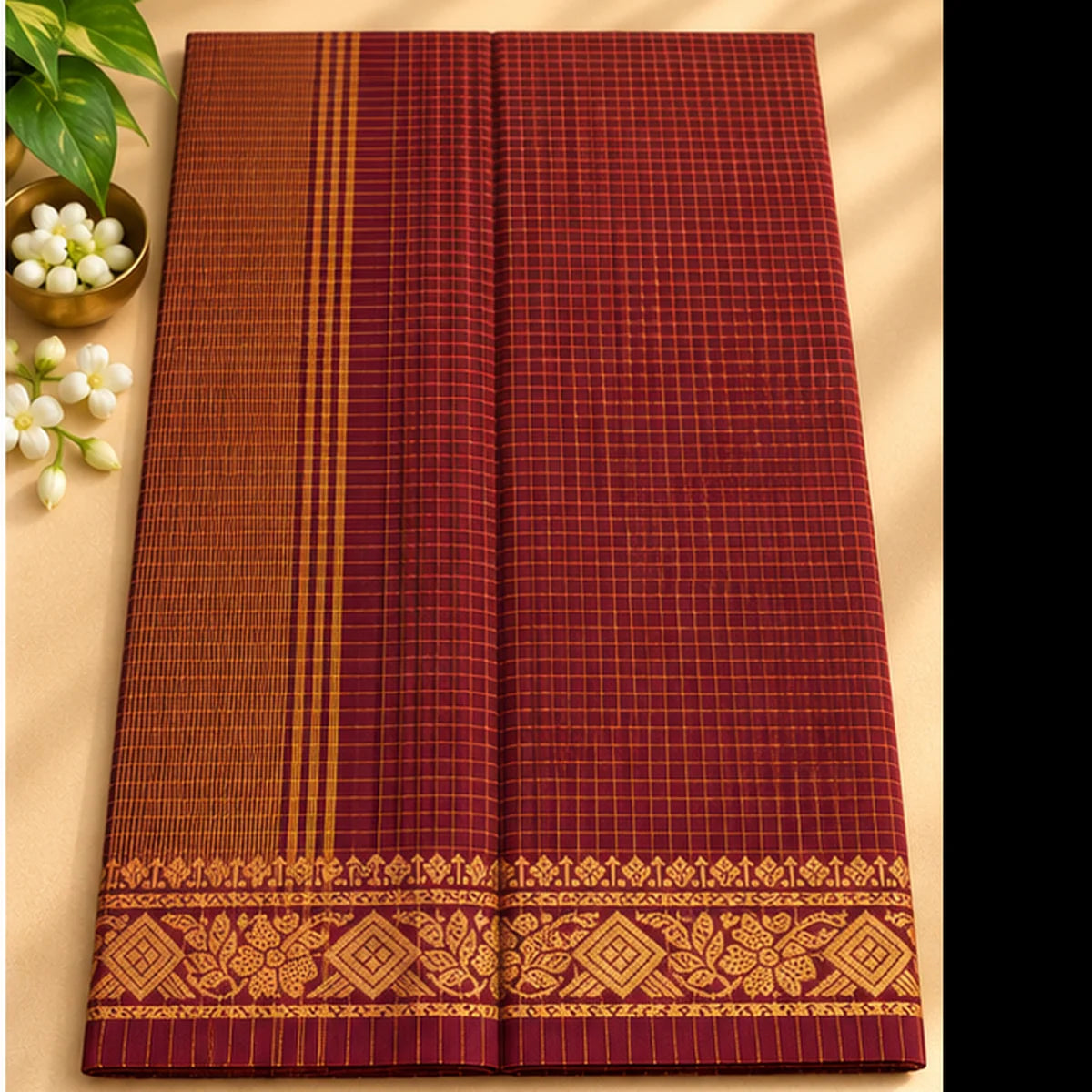 Maroon & Mustard Checked Saree with Traditional Gold Woven Border