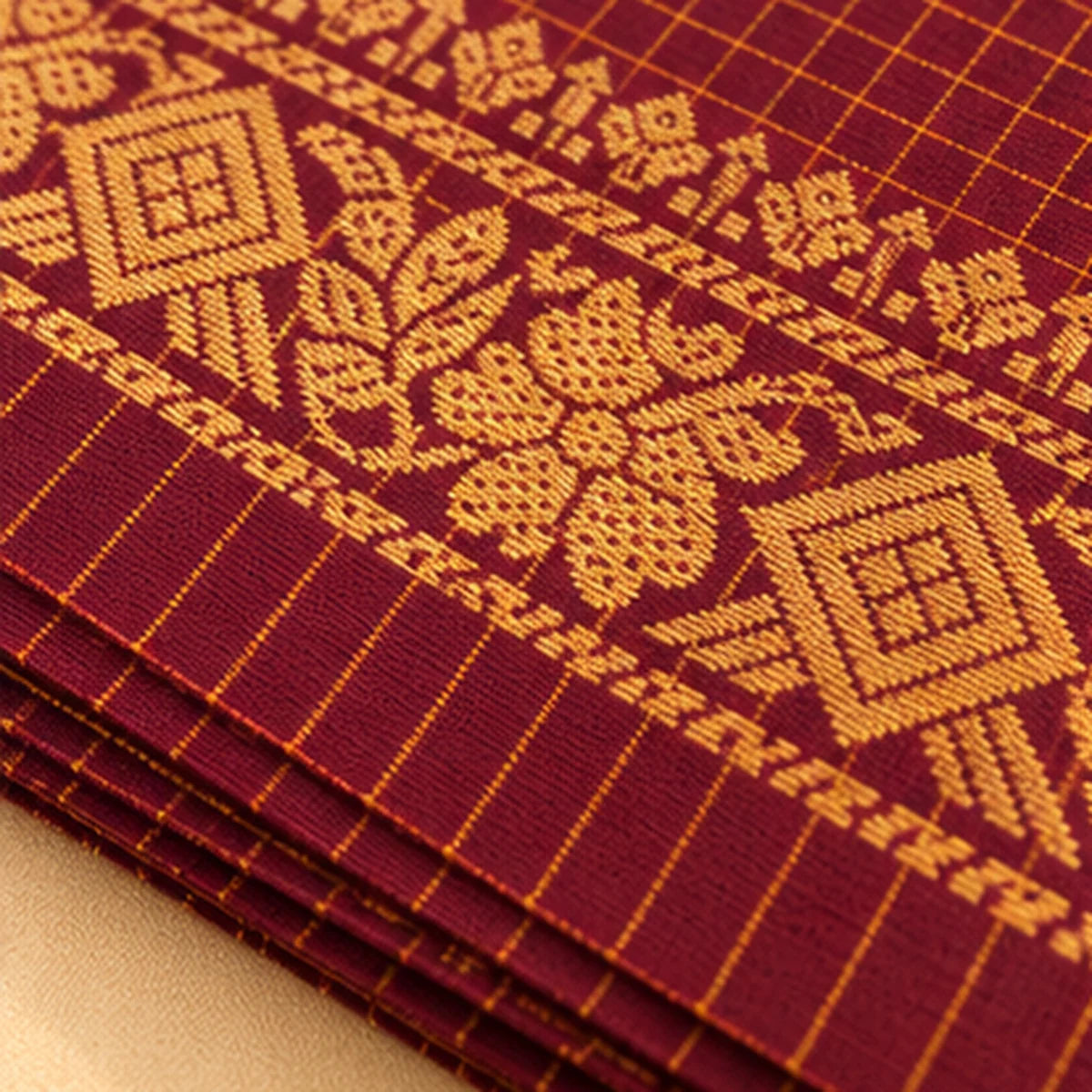 Maroon & Mustard Checked Saree with Traditional Gold Woven Border