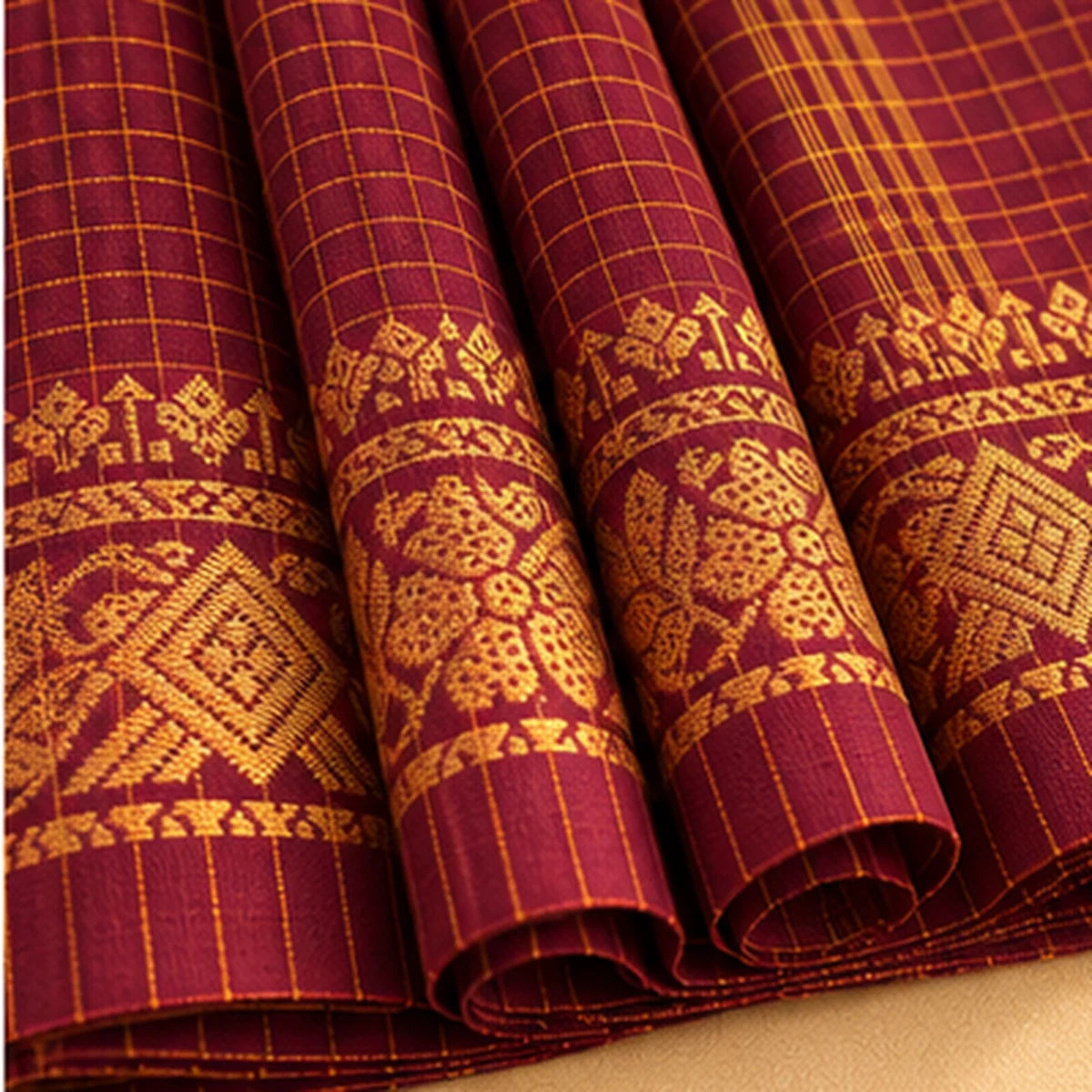 Maroon & Mustard Checked Saree with Traditional Gold Woven Border