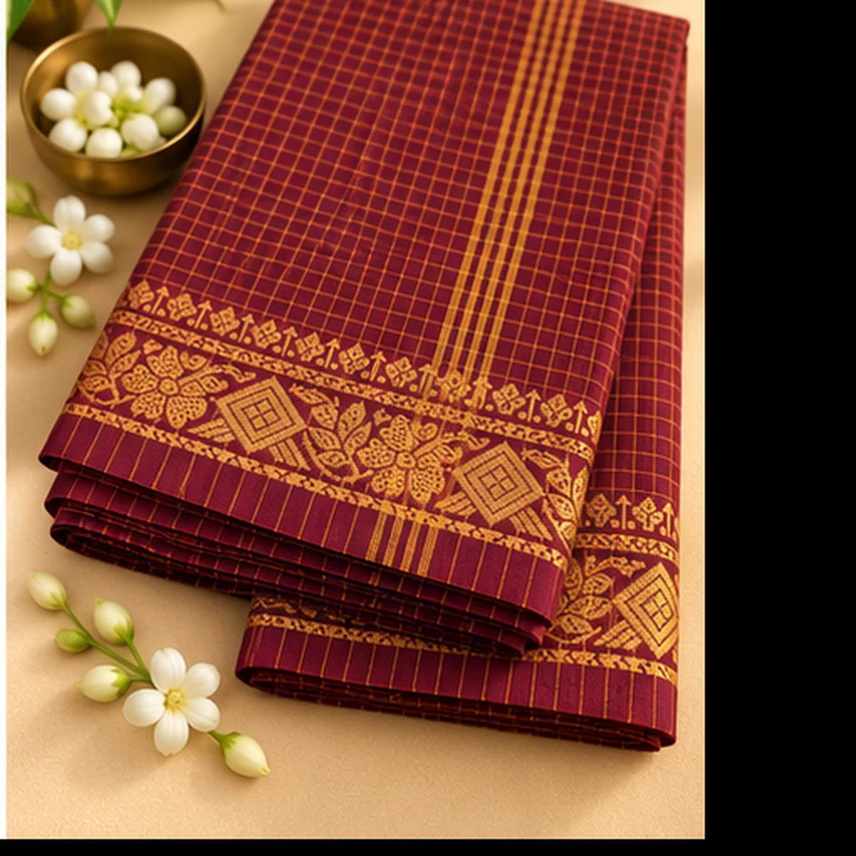 Maroon & Mustard Checked Saree with Traditional Gold Woven Border