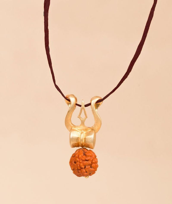 Gold Plated Silver Pendant With Trishul, Damaru and Rudraksha