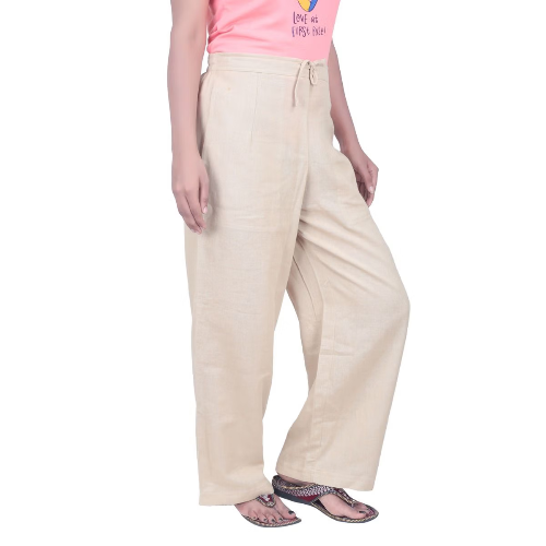 Ladies Draw String Pants Beige Cotton